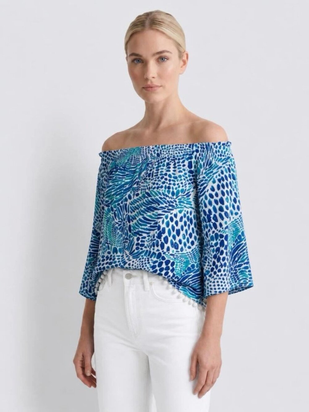 LILLY PULITZER Blue Abstract White Pom Pom "Nita" Off-th-Shoulder Top Sz XXS